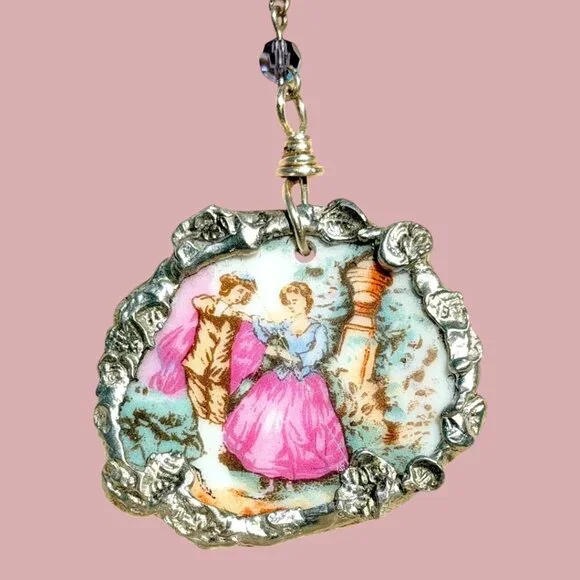 Broken China Hand-Painted Porcelain Fragonard Cameo w/ Sterling Silver Necklace - Picture 3 of 13